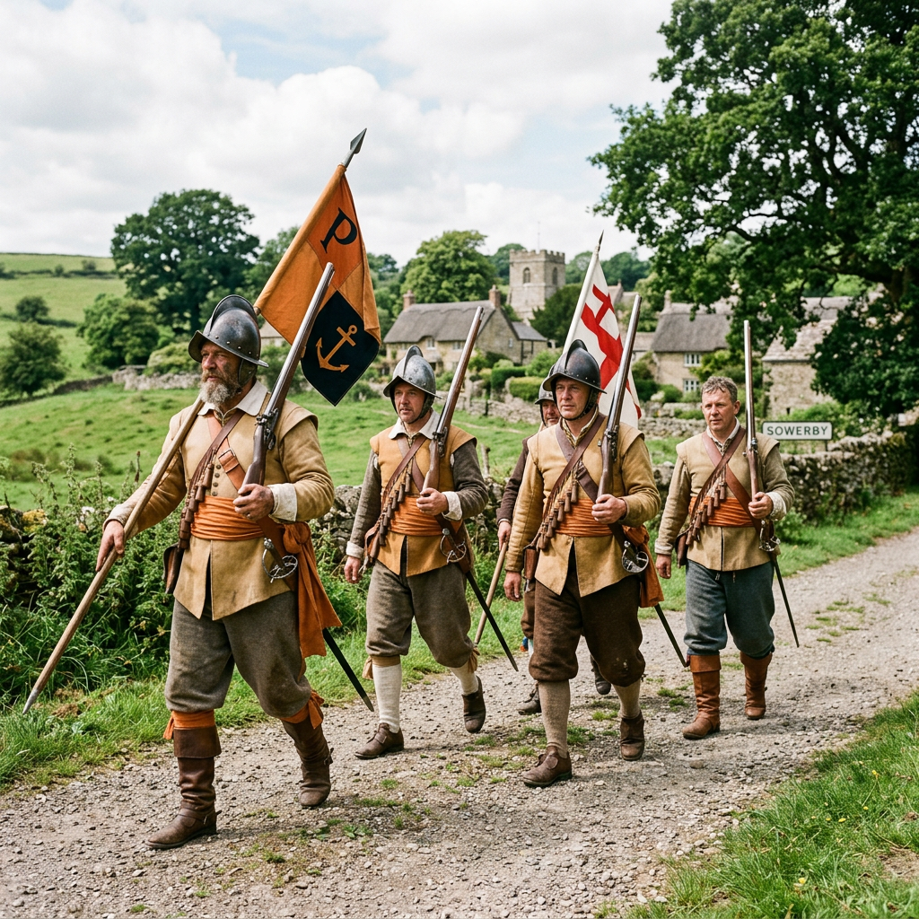 Five men in 17th-century military uniforms marching with flags and muskets on a rural road near Sowerby