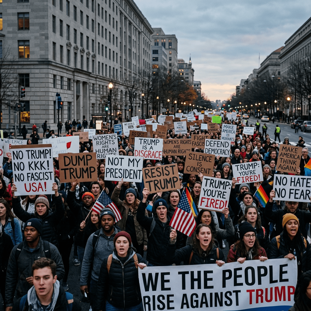 Crowd protesting Trump with signs saying "No Trump! No KKK! No Fascist USA!", "Dump Trump", "Not My President", and "We the People Rise Against Trump"